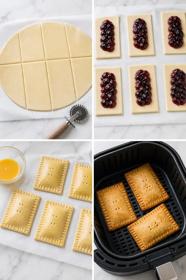 Four step collage for air fryer homemade pop tarts showing cut dough, berry filling, sealed pastries, and pastries in the air fryer basket