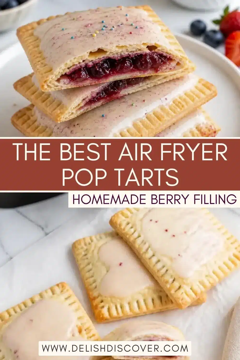 Stacked glazed rectangular pastries with crimped golden edges and one cut open to reveal a thick mixed berry filling.