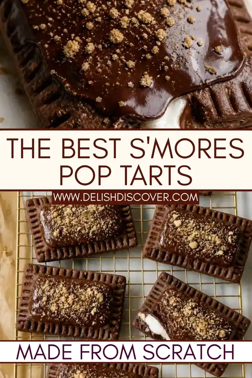 Homemade s’mores pop tarts made from scratch with chocolate pastry, white marshmallow filling, chocolate glaze, and graham cracker crumbs.