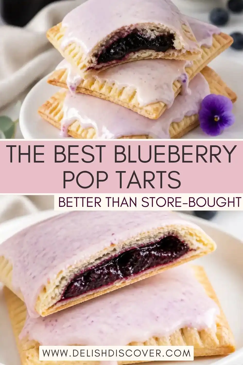 Stacked glazed pastries with golden crimped edges and one cut open to reveal a thick dark blueberry filling.
