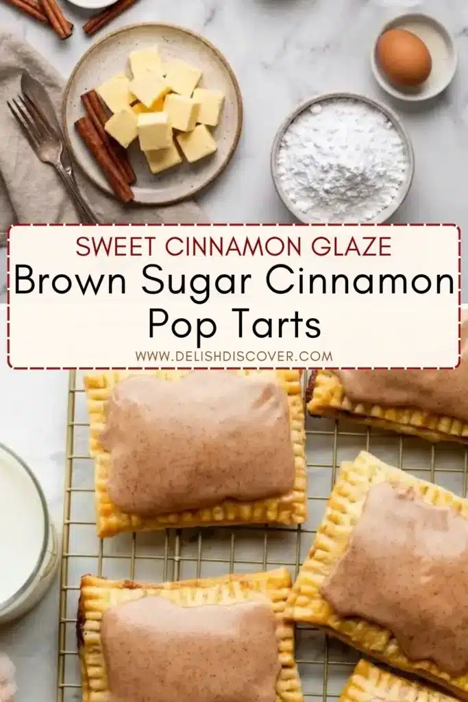 Brown sugar cinnamon pop tarts topped with smooth cinnamon glaze and arranged on a cooling rack beside cinnamon baking ingredients.