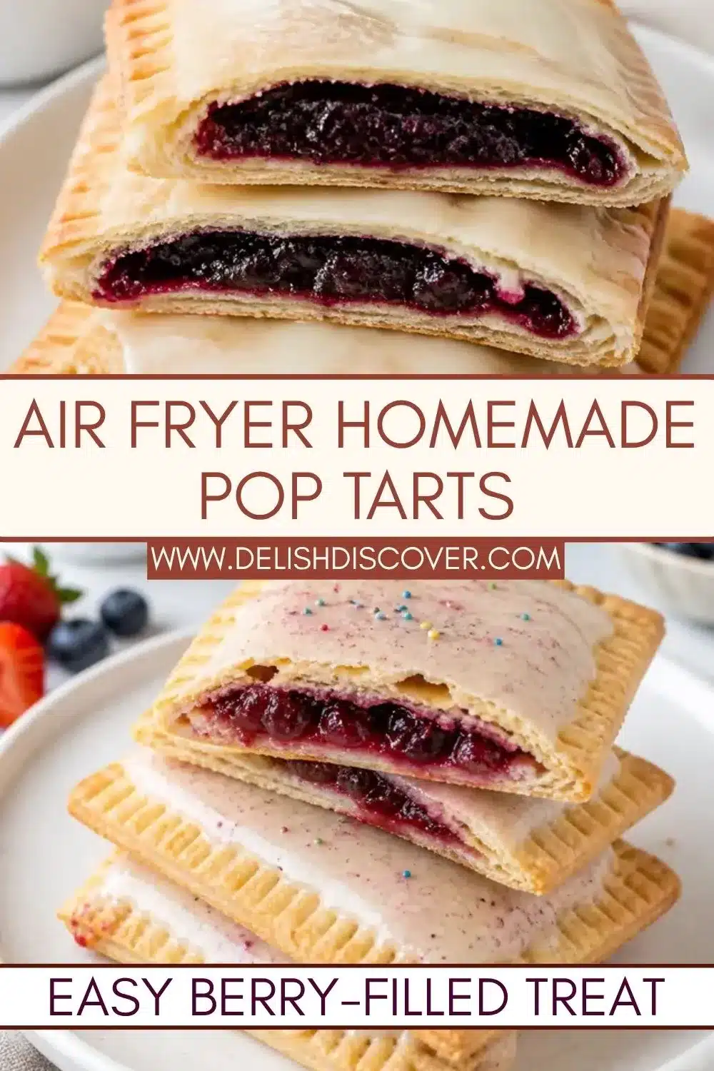 Golden homemade hand pies layered on a plate with pale glaze and dark berry preserves visible inside the cut pastries.