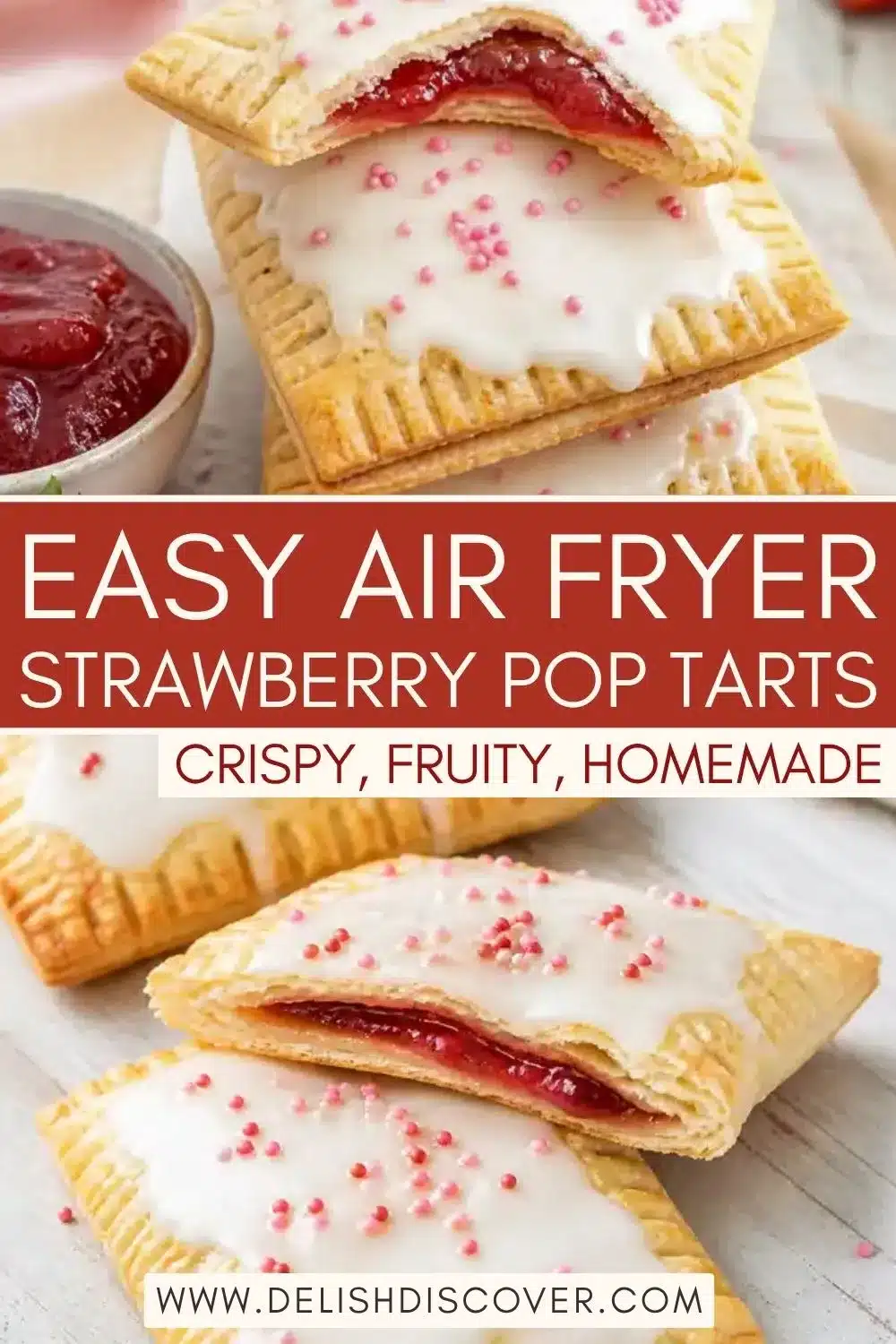 Stacked strawberry-filled pastries cooked until golden and topped with white glaze and pink sprinkles beside a bowl of strawberry preserves.