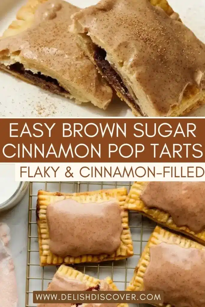Easy brown sugar cinnamon pop tarts with flaky golden pastry, cinnamon filling, and cinnamon glaze on a cooling rack.