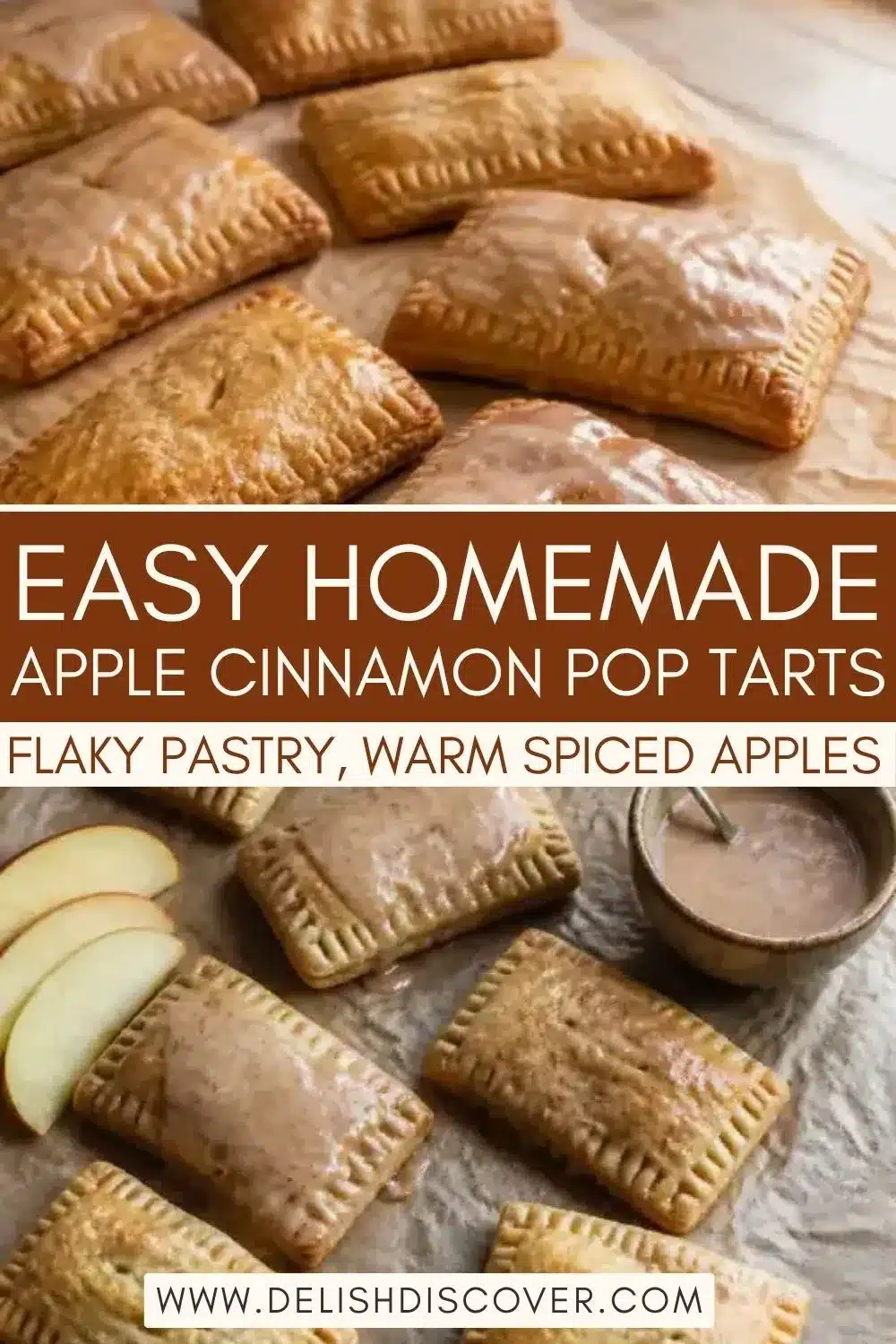 Homemade glazed apple pastries with deeply golden edges, fork-crimped seams, and fresh apple slices on the side.