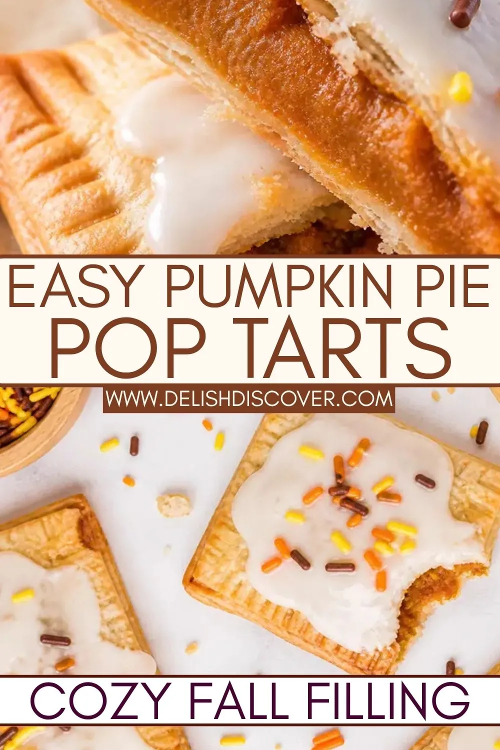Golden glazed pumpkin pastries with orange, yellow, and brown sprinkles, including one cut open to show the thick pumpkin filling.