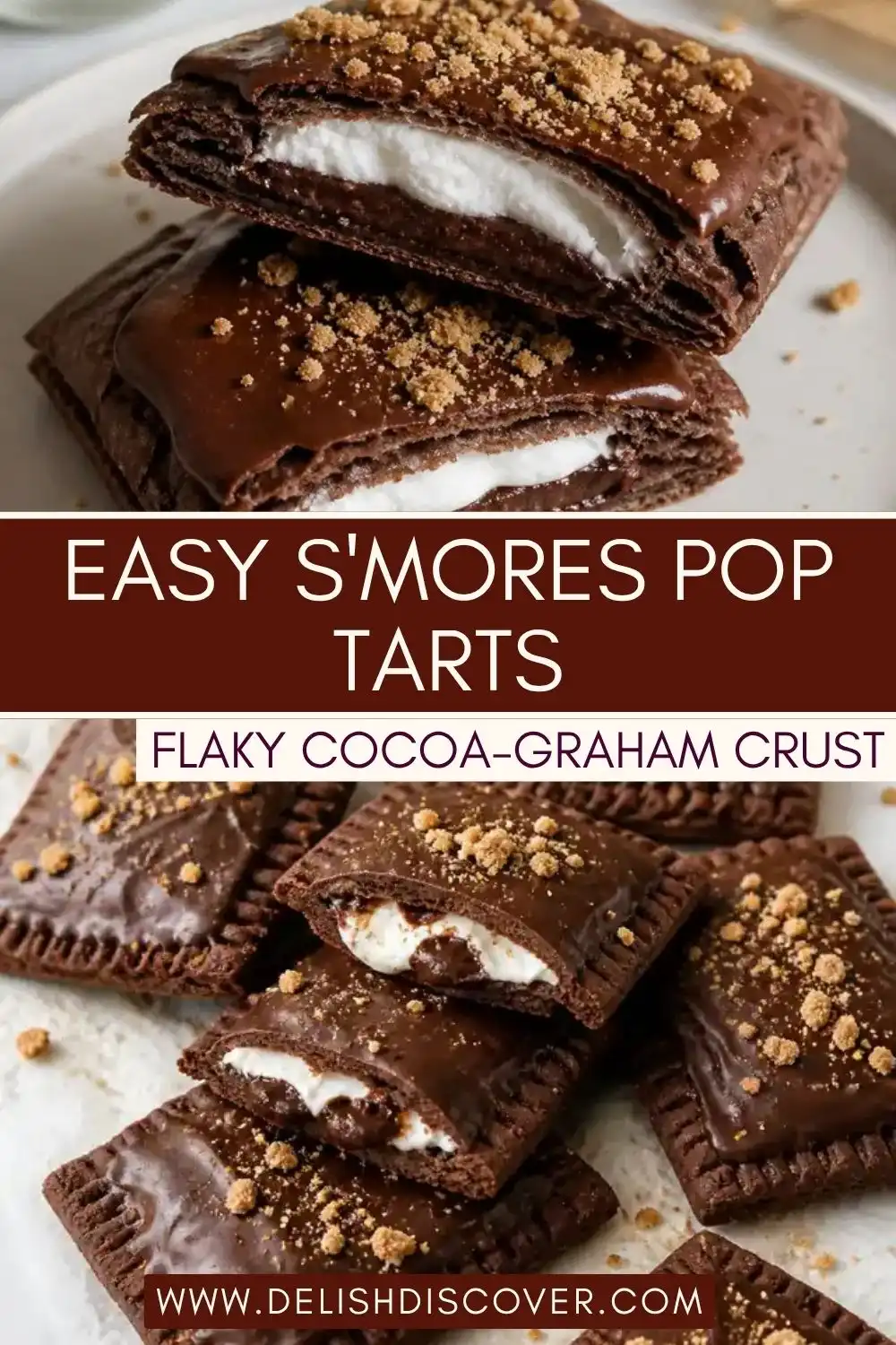 Easy s’mores pop tarts with cocoa-graham pastry, melted chocolate, marshmallow filling, chocolate glaze, and graham cracker crumbs.