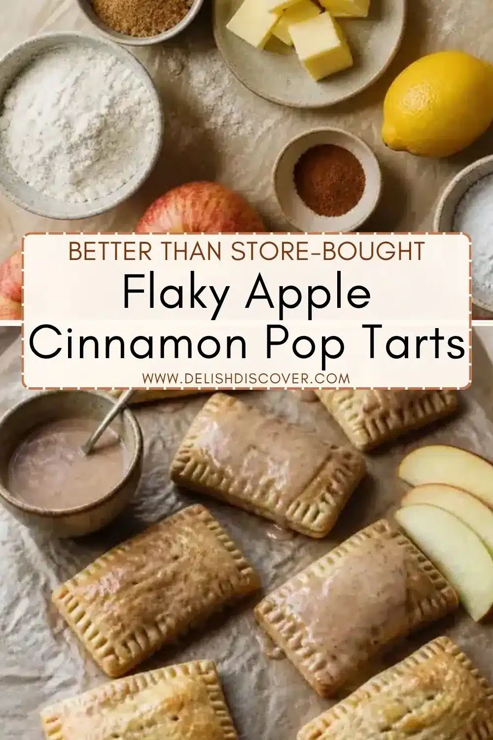 Golden rectangular pastries with crimped edges and cinnamon glaze arranged beside sliced apples and baking ingredients.