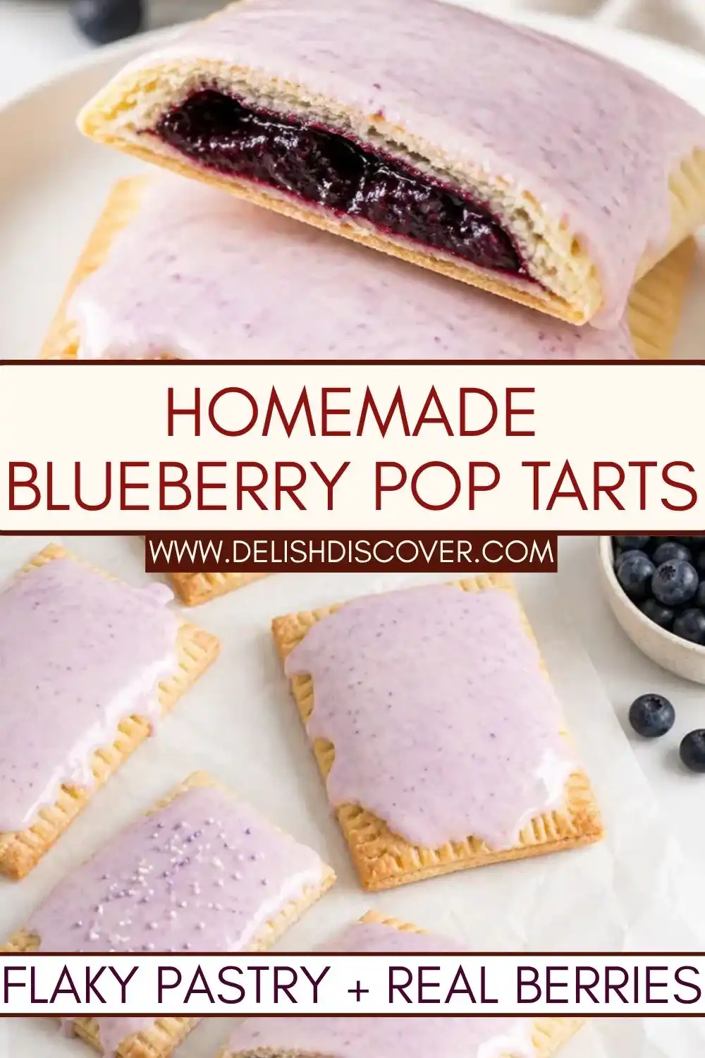 Blueberry-glazed rectangular hand pies with fork-crimped edges arranged beside a bowl of fresh blueberries.
