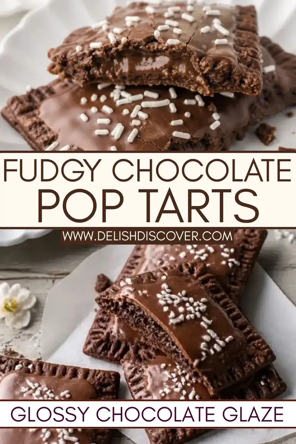 Chocolate pop tarts with crimped cocoa pastry, glossy chocolate icing, white sprinkles, and a cut-open center showing thick fudge filling.