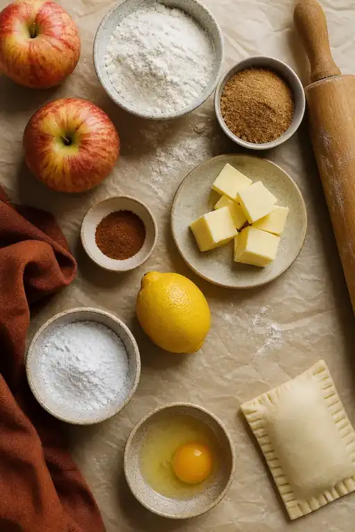 Homemade Apple Cinnamon Pop Tarts 3 Ingredients for homemade apple cinnamon pop tarts with apples, butter, flour, cinnamon, brown sugar, and powdered sugar