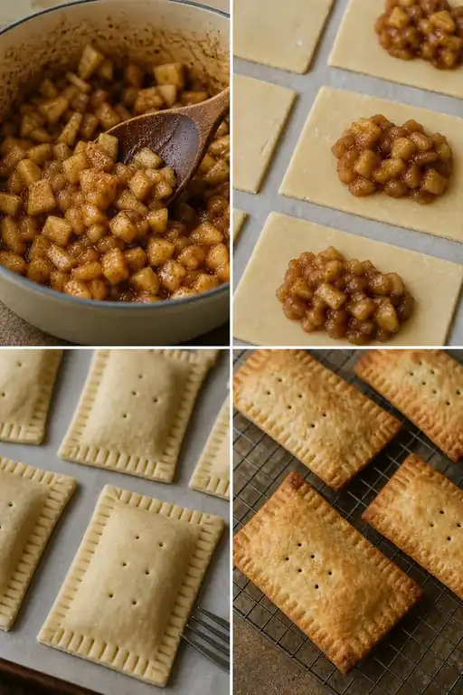 Homemade Apple Cinnamon Pop Tarts 4 Four-step process for making homemade apple cinnamon pop tarts with apple filling, sealing, venting, and baking