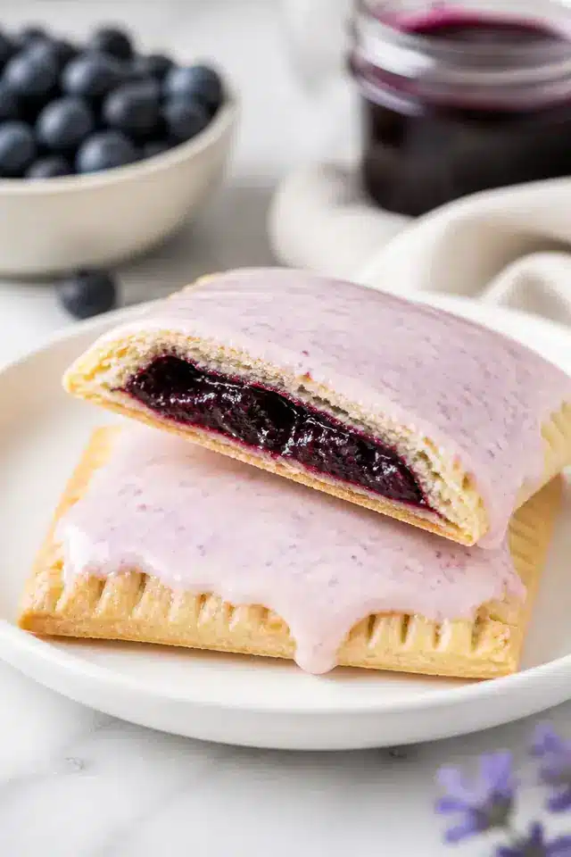 Close-up homemade blueberry Pop Tarts with flaky layers, pale icing, and glossy blueberry filling