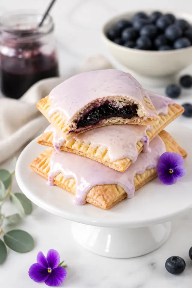 Homemade blueberry Pop Tarts stacked on a white cake stand with pale icing and thick blueberry filling