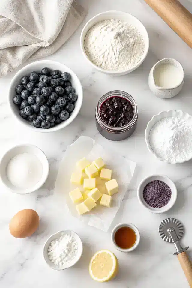 Ingredients for homemade blueberry Pop Tarts with blueberries, jam, flour, butter, sugar, egg, lemon, milk, and vanilla