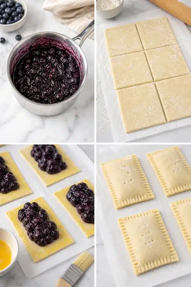Four step collage for homemade blueberry Pop Tarts showing filling, dough rectangles, filled pastry, and sealed vented pastries
