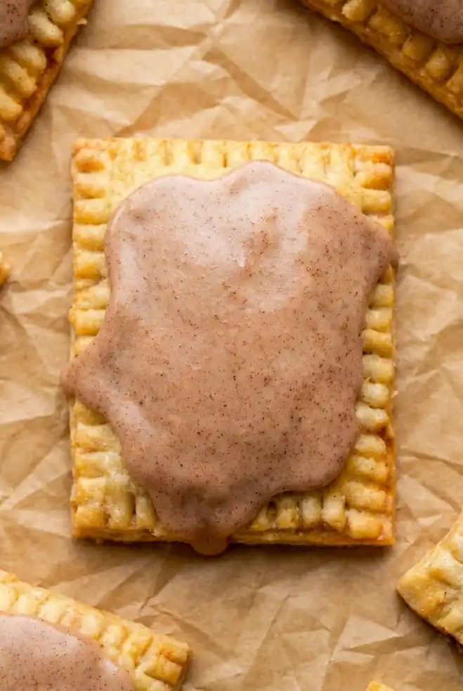 Close up homemade brown sugar cinnamon pop tarts with glossy cinnamon frosting and golden crimped edges