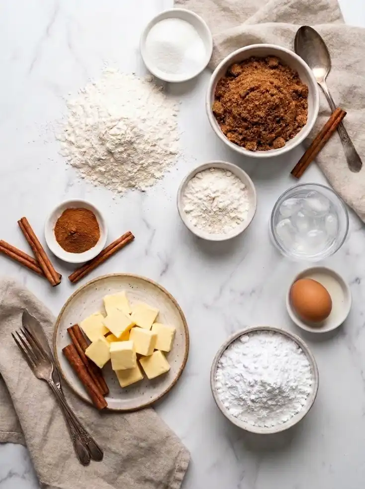 Ingredients for homemade brown sugar cinnamon pop tarts with flour, butter, cinnamon, brown sugar, egg, and powdered sugar