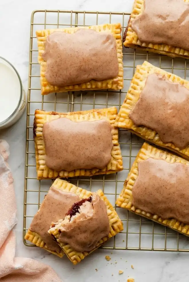Homemade brown sugar cinnamon pop tarts cooling on a rack with cinnamon glaze and crimped pastry edges