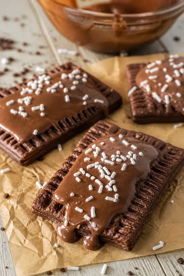 Close-up homemade chocolate fudge pop tarts with glossy chocolate glaze, crimped cocoa pastry edges, and white sprinkles