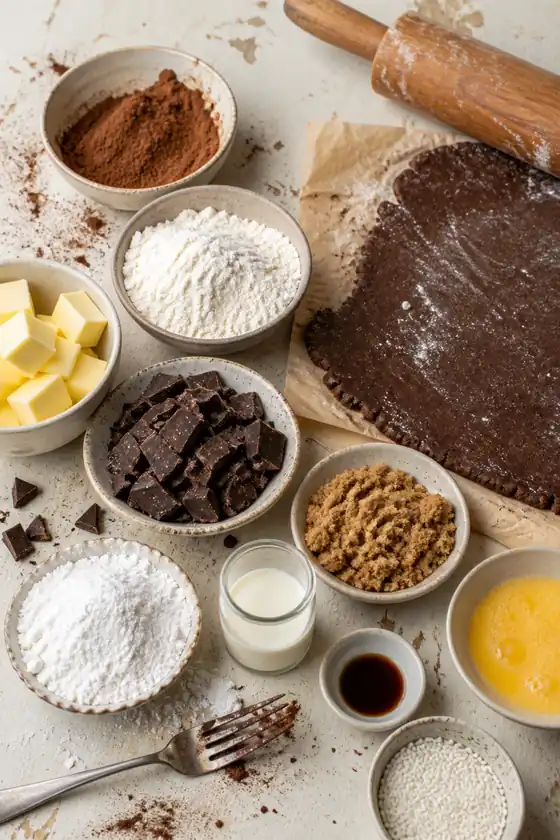 Ingredients for homemade chocolate fudge pop tarts with cocoa, flour, butter, chopped chocolate, sugar, milk, and egg wash
