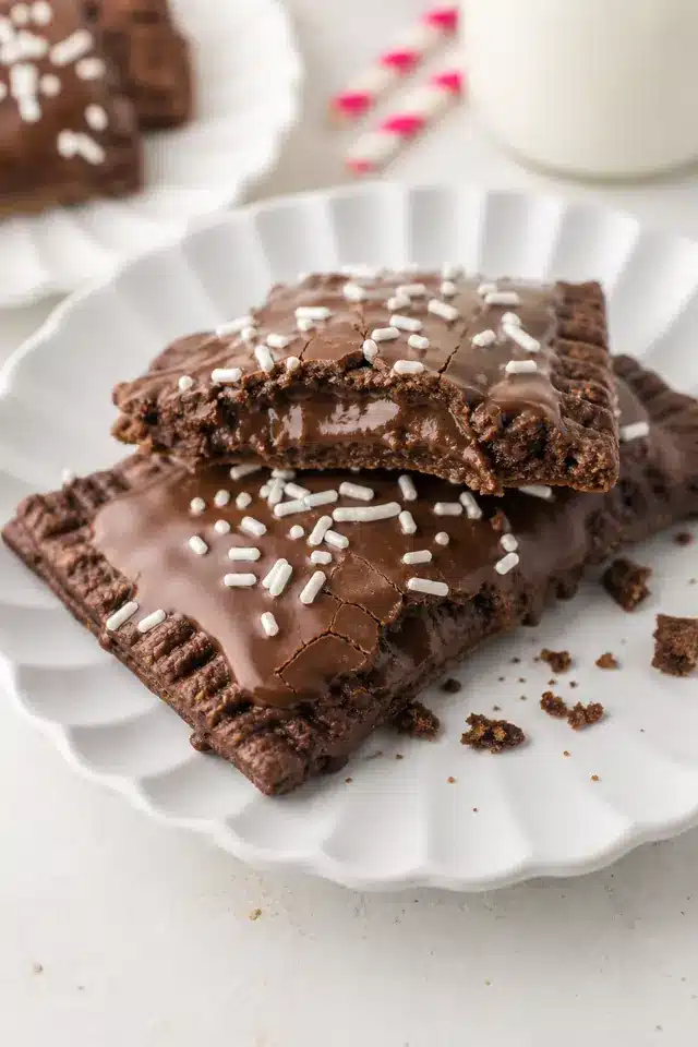 Cut homemade chocolate fudge pop tarts showing thick fudge filling, crimped chocolate pastry, set glaze, and white sprinkles