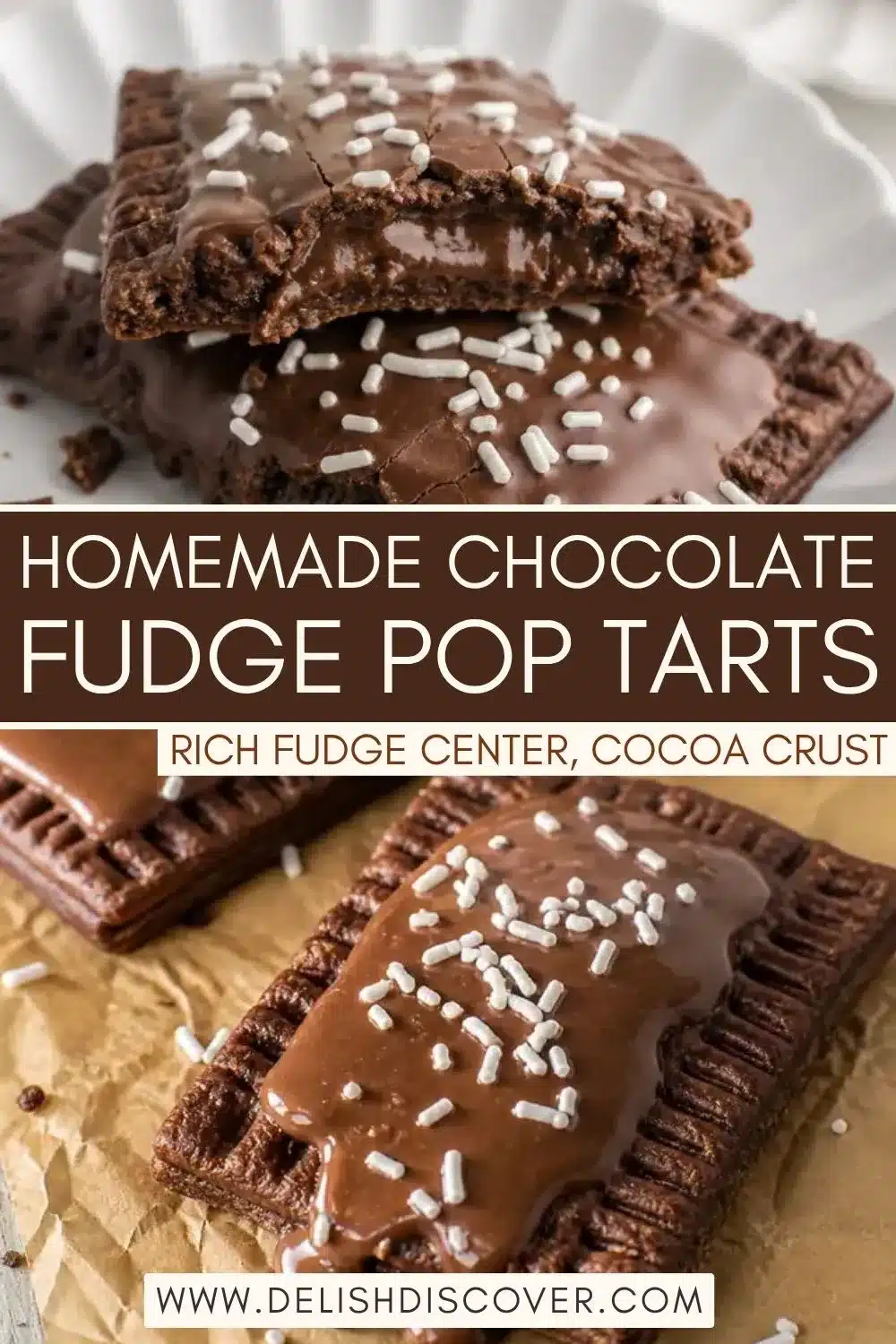 Homemade chocolate pastries with fork-crimped cocoa crusts, chocolate glaze, white sprinkles, and a rich fudge filling visible inside.