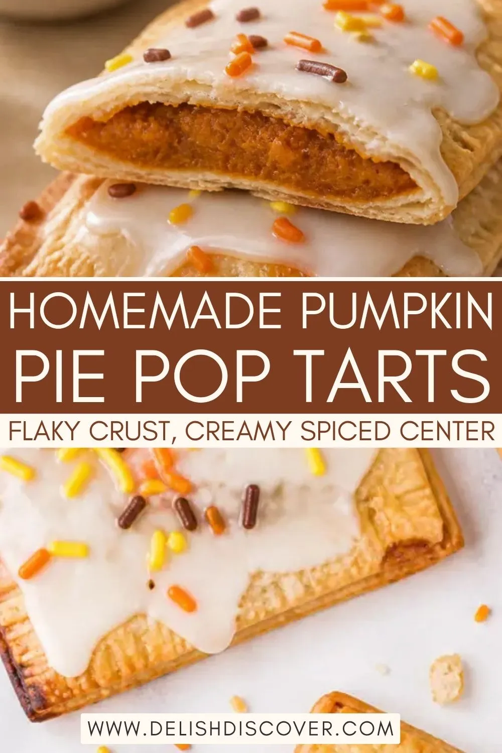 A sliced pumpkin pastry showing creamy orange filling inside flaky golden crust, with glazed pop tarts and autumn sprinkles below.