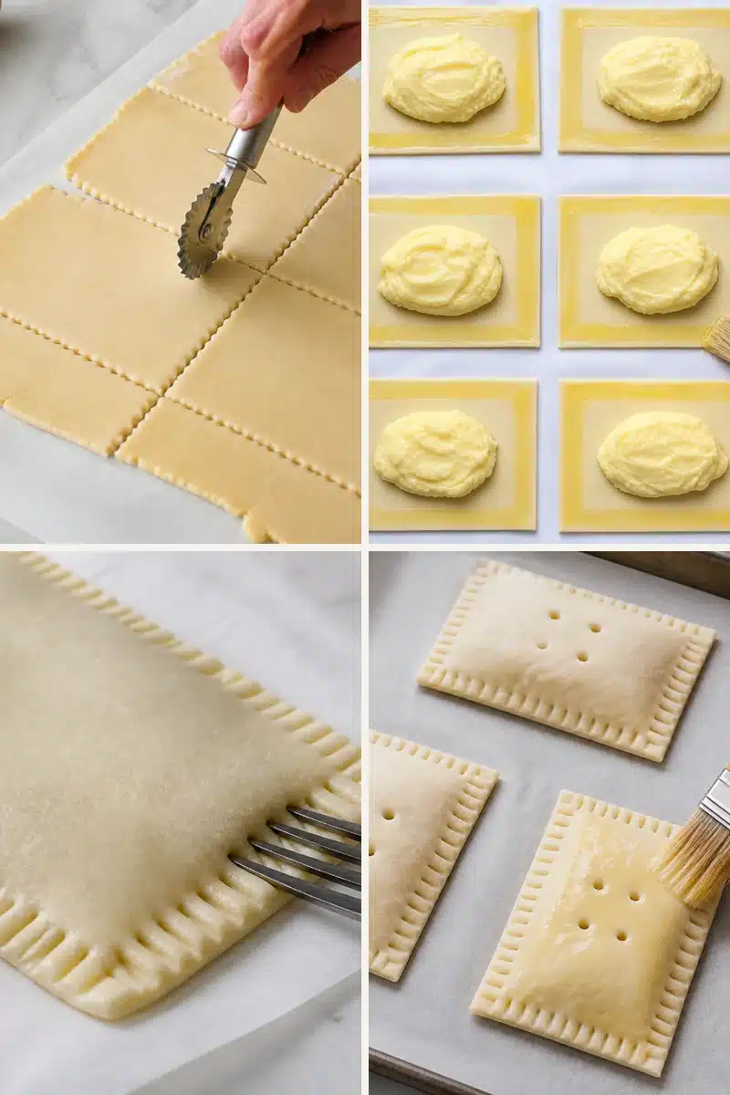 Homemade lemon cream pop tarts being filled, sealed, vented, and baked