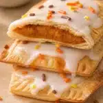 Homemade pumpkin pie pop tarts stacked with flaky pastry, pumpkin filling, maple glaze, and fall sprinkles