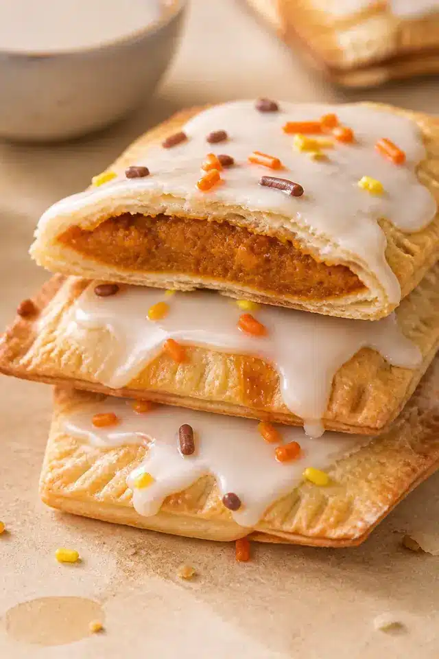 Homemade pumpkin pie pop tarts stacked with flaky pastry, pumpkin filling, maple glaze, and fall sprinkles