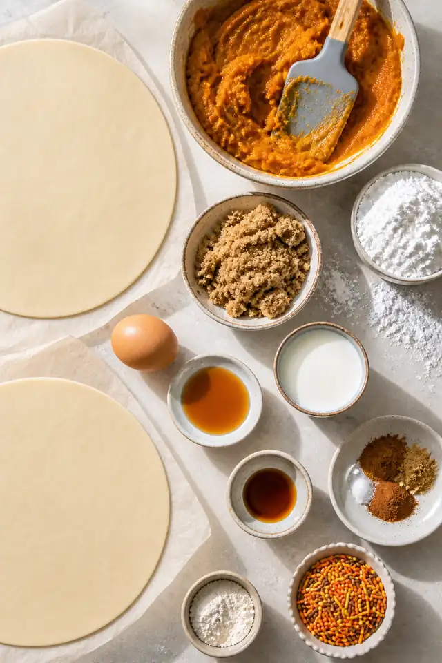 Ingredients for homemade pumpkin pie pop tarts with pie crust, pumpkin puree, brown sugar, glaze ingredients, spices, and sprinkles