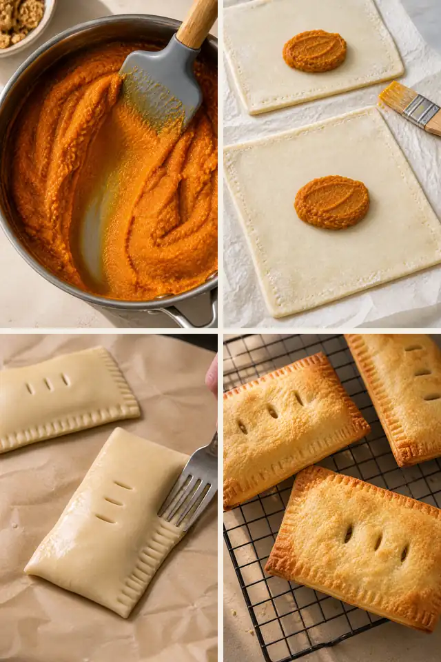 Four-step process for homemade pumpkin pie pop tarts showing thick filling, portioned pastry, fork sealing, and baked pastries