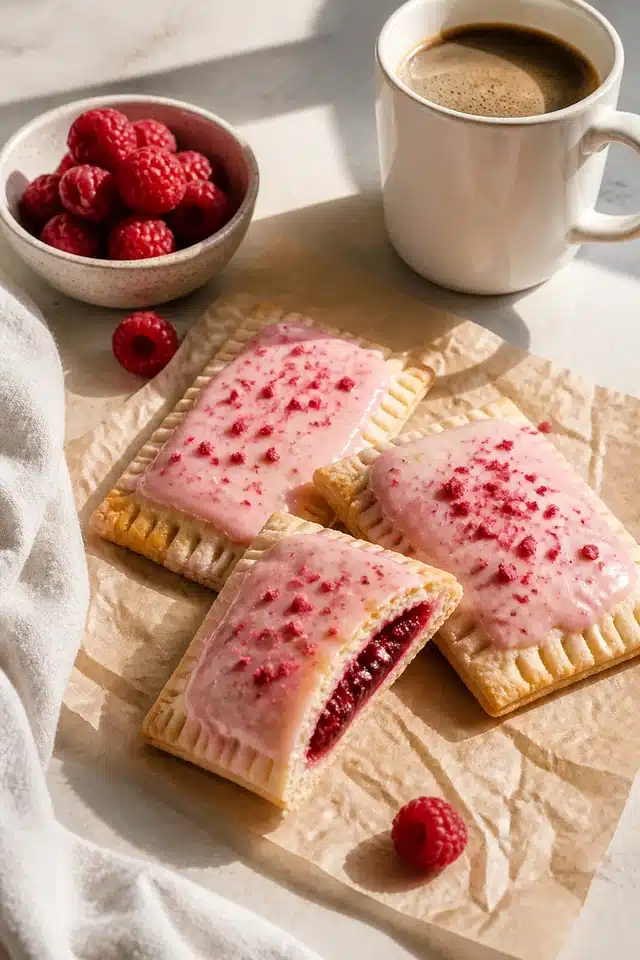 Homemade raspberry pop tarts served on parchment with fresh raspberries and coffee