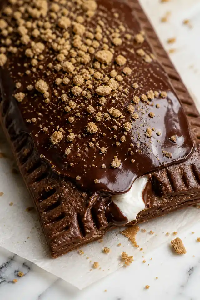 Close up homemade s'mores pop tarts with glossy chocolate frosting, graham crumbs, and marshmallow filling