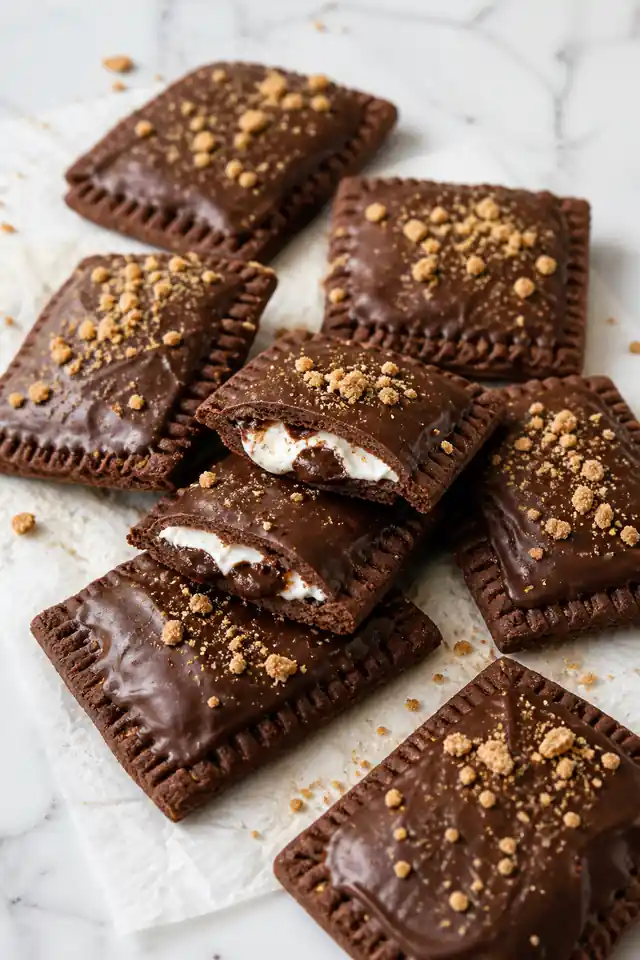Homemade s'mores pop tarts with chocolate glaze, graham crumbs, and marshmallow chocolate filling