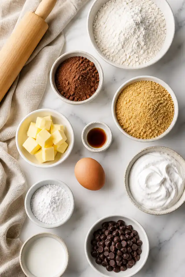 Ingredients for homemade s'mores pop tarts with flour, cocoa, graham crumbs, butter, chocolate chips, and marshmallow creme