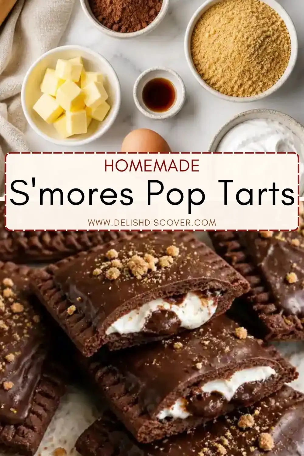 Homemade s’mores pop tarts with a gooey marshmallow center, chocolate filling, glossy chocolate glaze, and graham cracker crumbs.