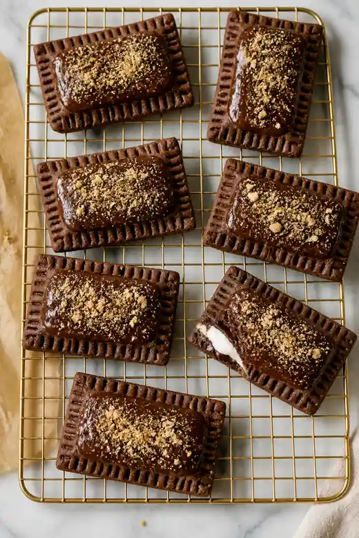 Homemade s'mores pop tarts cooling on a rack with chocolate glaze, graham crumbs, and crimped pastry edges