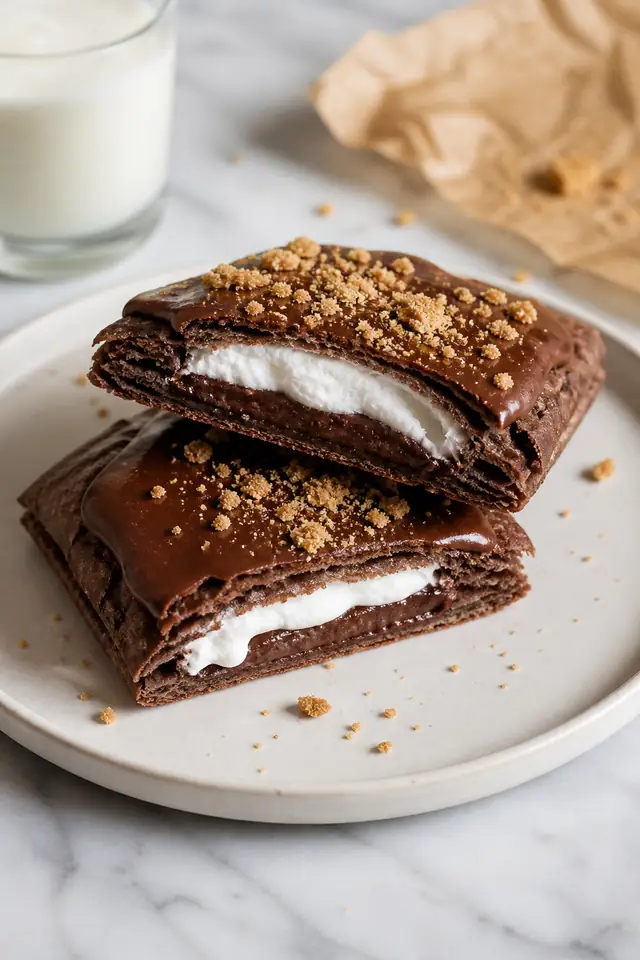 Cut homemade s'mores pop tarts showing marshmallow cream, chocolate filling, and chocolate graham pastry