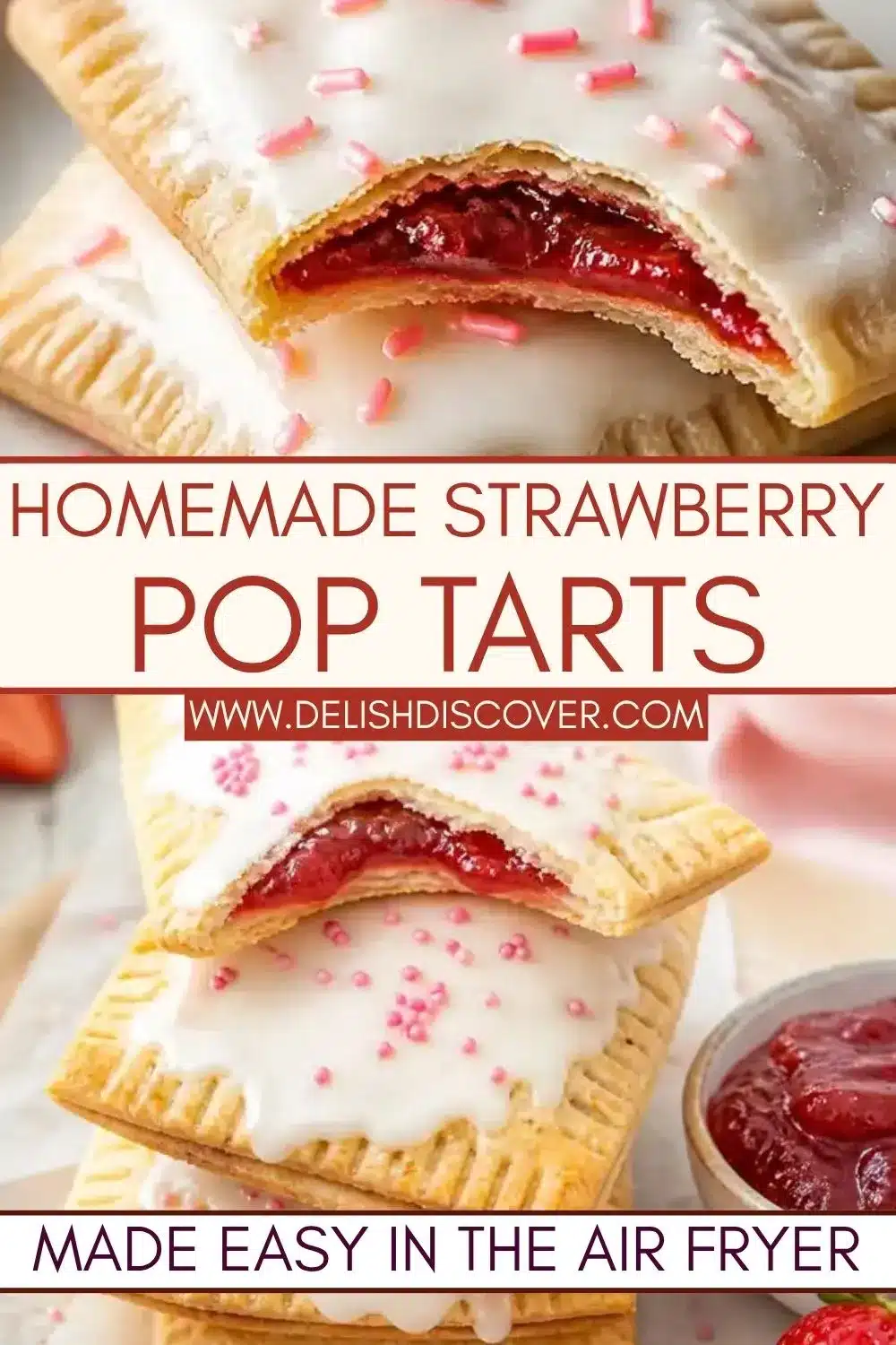 Air-fried rectangular pastries layered with glossy strawberry preserves and finished with white icing and pink sugar sprinkles.