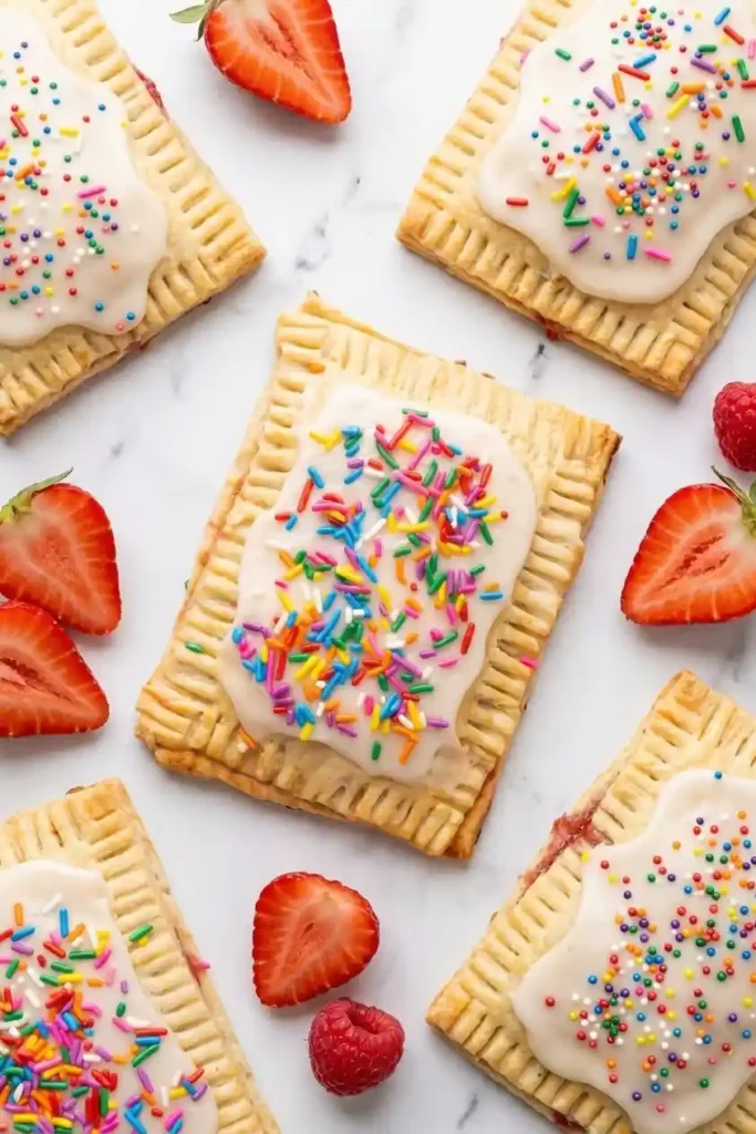 Homemade strawberry pop tarts with colorful sprinkles and fresh strawberries