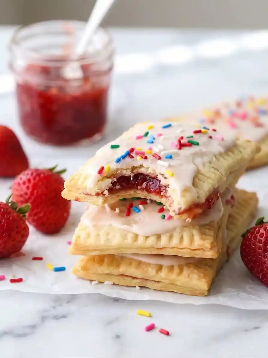 Homemade strawberry pop tarts stacked with strawberry jam filling, pink glaze, and sprinkles
