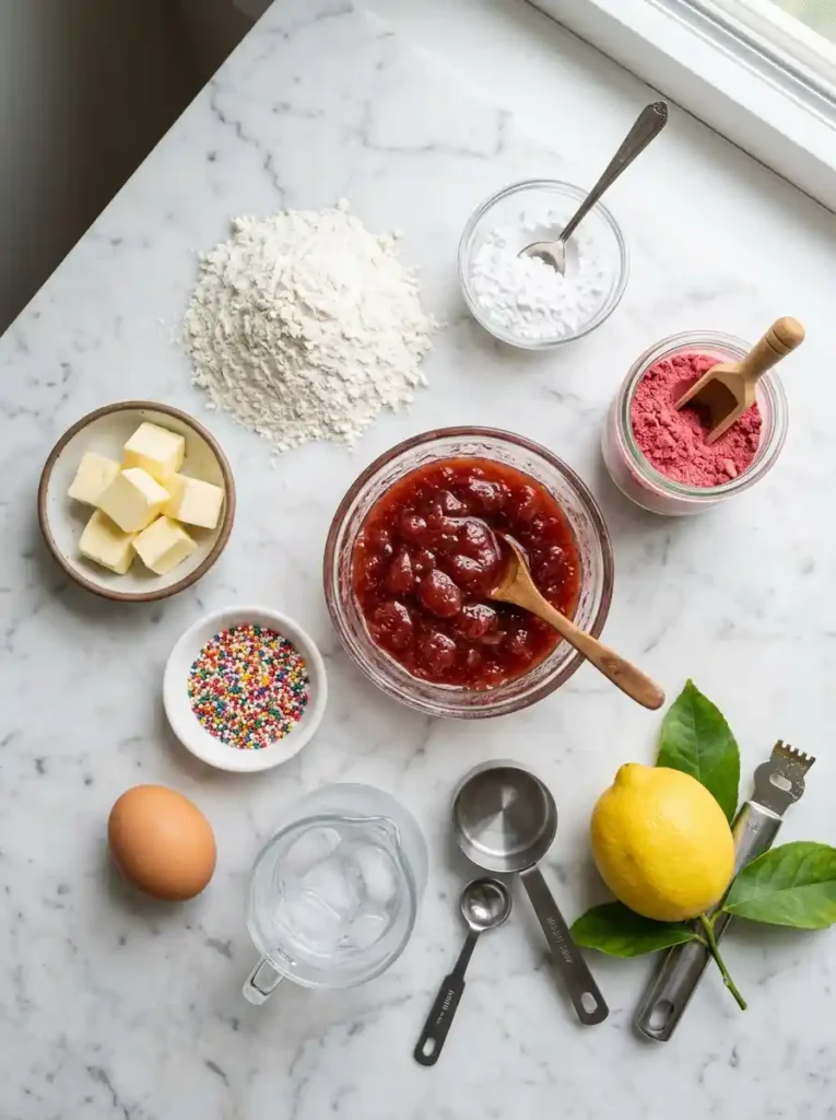 Strawberry pastry ingredients for homemade strawberry pop tarts on a marble surface
