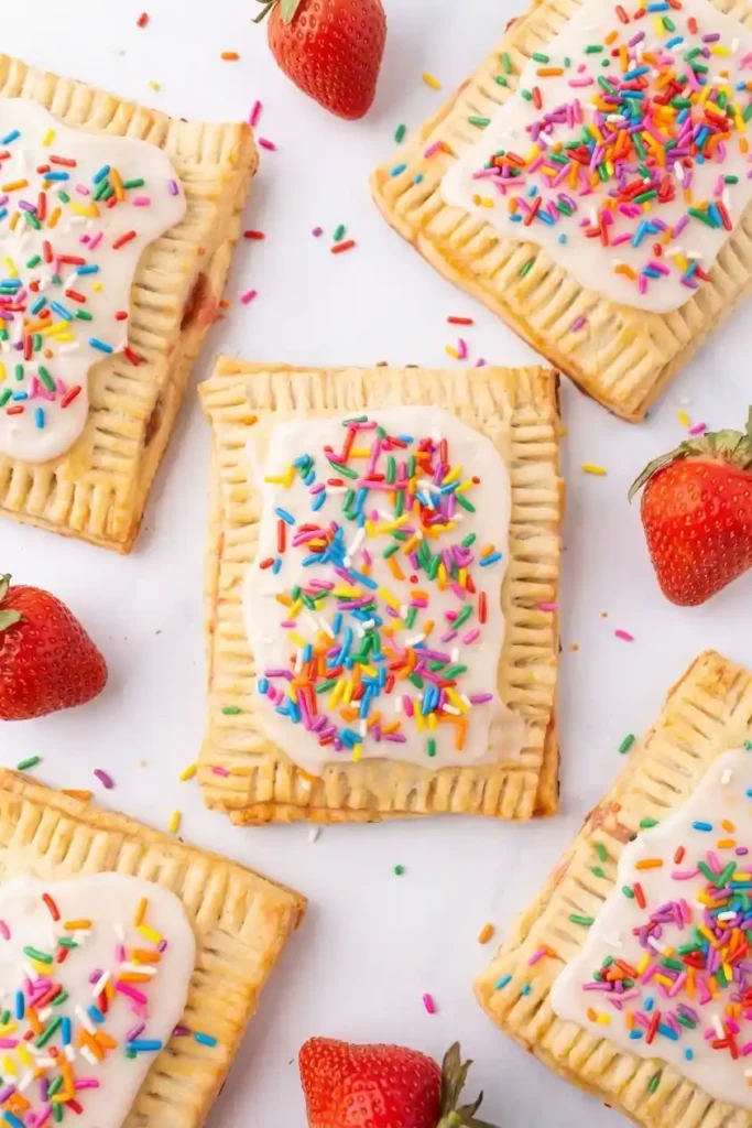 Overhead homemade strawberry pop tarts with pink glaze and rainbow sprinkles