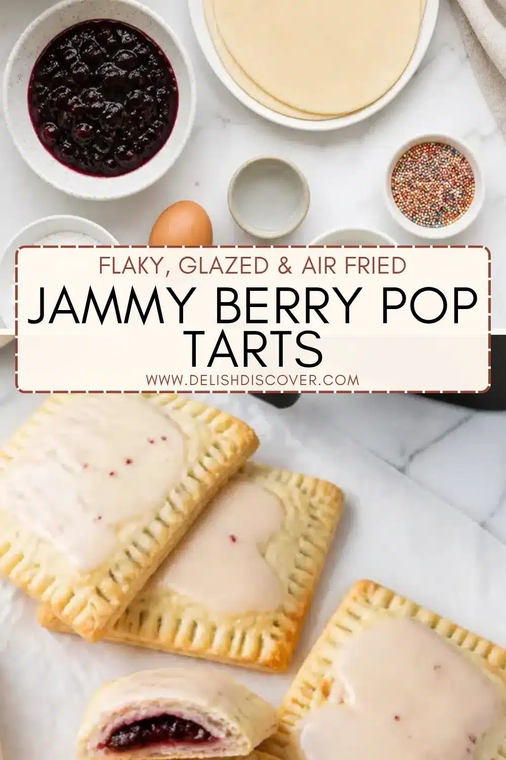 Glazed berry hand pies with fork-crimped edges beside bowls of berry filling, pastry rounds, and colorful sprinkles.
