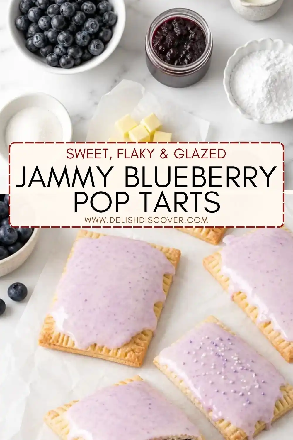 Several golden rectangular pastries covered in pale purple glaze, surrounded by blueberries and a jar of blueberry filling.
