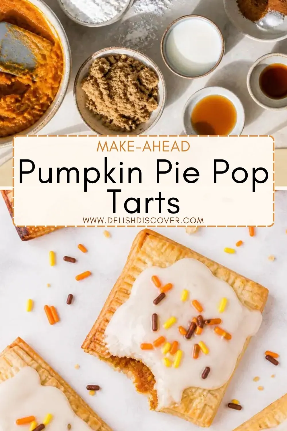 Pumpkin pop tarts topped with white glaze and fall-colored sprinkles beside bowls of pumpkin filling, brown sugar, milk, and baking ingredients.