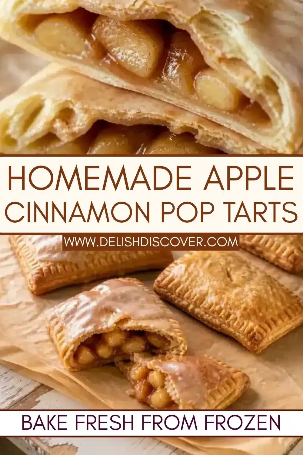 A cut-open glazed pastry revealing chunky cinnamon apple filling surrounded by flaky golden layers.