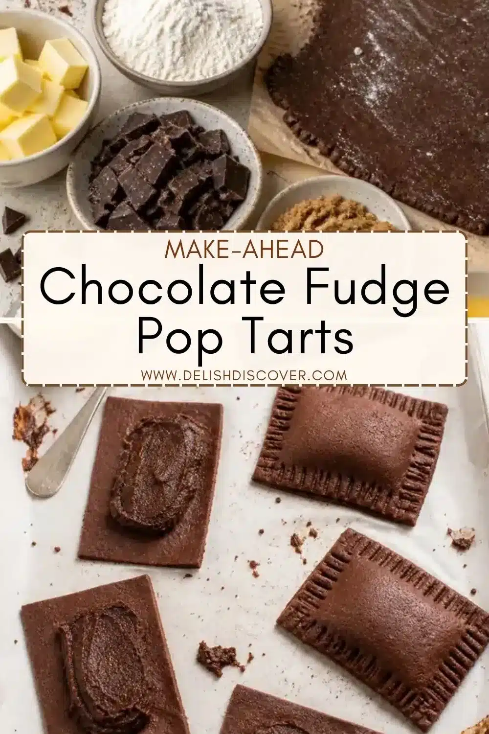 Unbaked chocolate pastry rectangles filled with fudge and fork-crimped closed beside butter, chopped chocolate, flour, and cocoa dough.